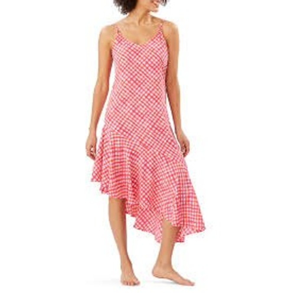 Tommy Bahama Harbour Island asymmetric ruffle midi dress in a pink gingham print
